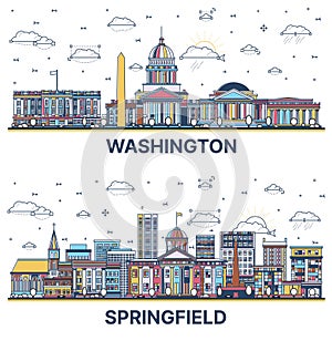 Outline Springfield Illinois and Washington DC City Skyline set with Colored Historic Buildings Isolated on White. Cityscape with photo