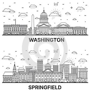 Outline Springfield Illinois and Washington DC City Skyline set with Historic Buildings Isolated on White. Cityscape with