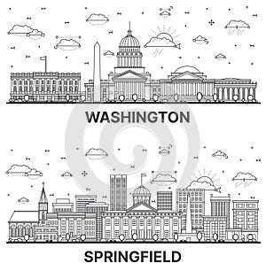 Outline Springfield Illinois and Washington DC City Skyline set with Historic Buildings Isolated on White. Cityscape with photo