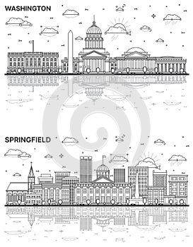 Outline Springfield Illinois and Washington DC City Skyline set with Historic Buildings and Reflections Isolated on White.