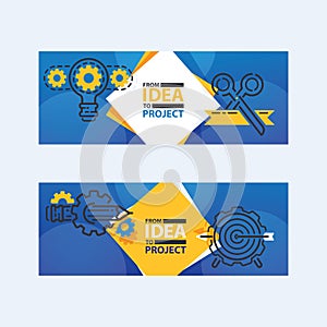 Outline strategy icons banners vetor illustration. Light bulb with gears and cogs working together. From idea to project