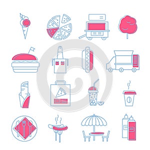 Outline stroke illustration with colorful circles. Set of simple fast food icons.