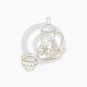 Outline Style Bulbous Arabian Coffee Pot and Cup Vector Illustration