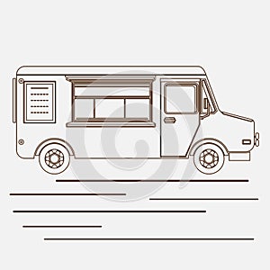 Outline Style Mobile Food Truck With Menu Vector Illustration