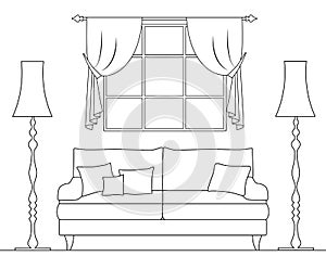 Outline style room. Living room with sofa and window. Vector linear illustration