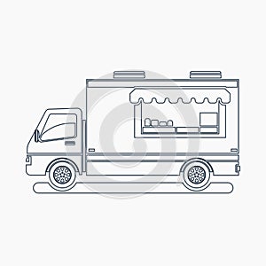 Outline Style Side View Mobile Food Truck Vector Illustration