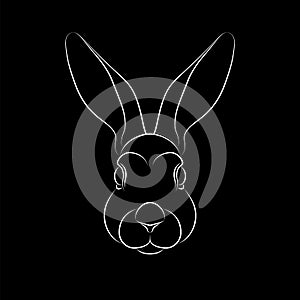 Outline of stylized rabbit portrait on black background.