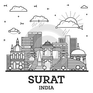 Outline Surat India City Skyline with Modern and Historic Buildings Isolated on White. Surat Cityscape with Landmarks photo