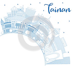 Outline Tainan Taiwan City Skyline with Blue Buildings and Copy Space