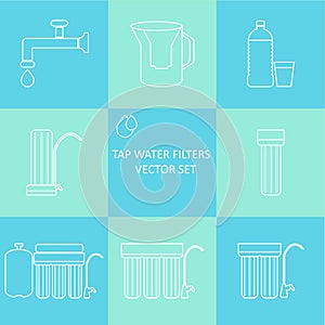 Outline tap water filter icon set. Drink and home water purification filters.