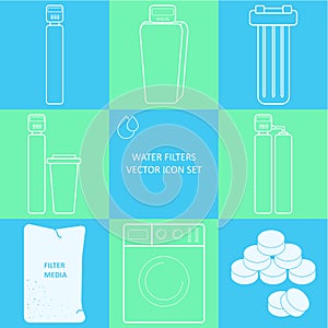 Outline tap water filter icon set. Drink and home water purification filters Different tap filtration systems for water treatment