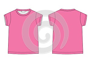 Outline technical sketch children`s t shirt in pink colors. Kids t-shirt design template