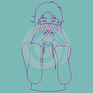 Outline teenage girl in facemask touching her face
