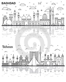 Outline Tehran Iran and Baghdad Iraq City Skyline Set with Historic Buildings and Reflections Isolated on White