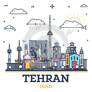 Outline Tehran Iran City Skyline with Colored Historic Buildings Isolated on White. Teheran Persia Cityscape with Landmarks