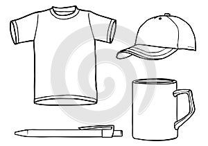 Outline template shirt, cap, mug, a pen