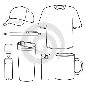 outline template shirt, cap, mug, a pen, thermos mug, lighter, flash drive usb, souvenir products isolated