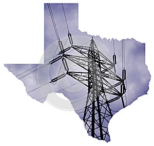 Outline of Texas map with power line mast in background as electricity prices rises