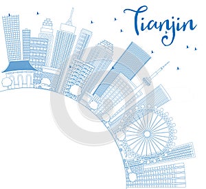 Outline Tianjin Skyline with Blue Buildings and Copy Space.