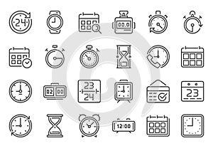 Outline time icon. Timekeeper, stopwatch and timer icons. Alarm clock, calendar and line hourglass sign vector set