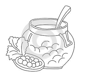Outline of transparent glass jar with caviar and a sandwich with caviar and a branch of parsley