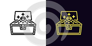 Outline treasure chest icon, with editable stroke. Opened chest with gold coins and diamond, treasure box pictogram