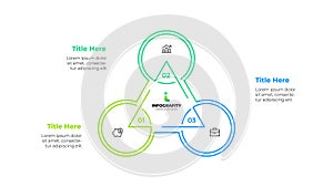 Outline triangle diagram divided into 3 sectors. Design concept of three steps or parts of business cycle. Infographic