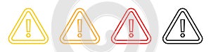 Outline triangle warning sign collection. Isolated attention warn in red and orange on white background. Yellow and black road