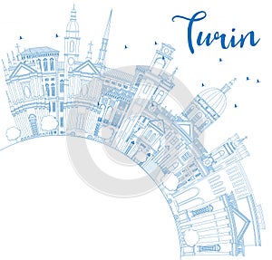 Outline Turin Italy City Skyline with Blue Buildings and Copy Space photo