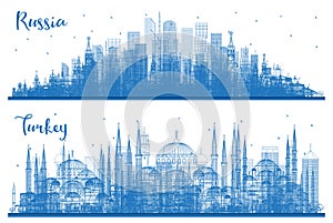 Outline Turkey and Russia City Skyline Set with Blue Buildings