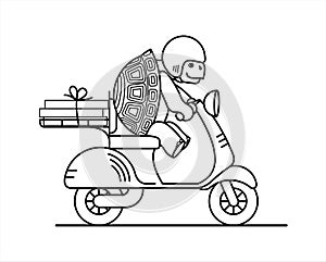 Outline turtle is riding a scooter; slow delivery; a cute turtle in a helmet carries boxes on a moped; symbol of slowness;