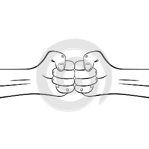 Outline two clenched man fists bumping together