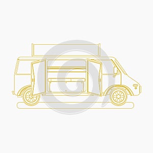 Outline Two Doors Mobile Food Truck With Sign Board Vector Illustration