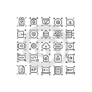 Outline UI UX Technology Icons Set for Web Search, Data, Cloud and Programming