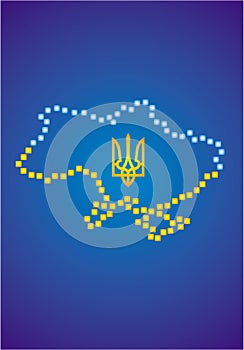 Outline of Ukraine from blue and yellow gradients on a blue background. In the center is a trident