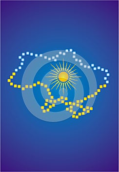 Outline of Ukraine from blue and yellow gradients on a blue background. Sun