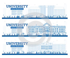 Outline University Campus Set. Study Banners. Vector Illustration. Students Go to the Main Building of University