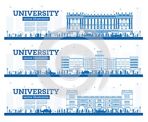 Outline University Campus Set. Study Banners. Vector Illustration. Students Go to the Main Building of University