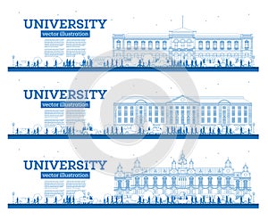 Outline University Campus Set. Study Banners. Vector Illustration. Students Go to the Main Building of University