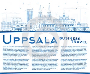 Outline Uppsala Sweden City Skyline with Blue Buildings and Copy Space