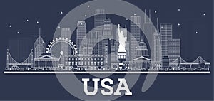 Outline USA City Skyline with White Buildings