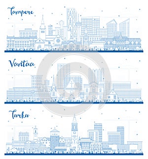 Outline Vantaa, Turku and Tampere Finland city skyline set with blue buildings. Cityscape with landmarks. Business travel and