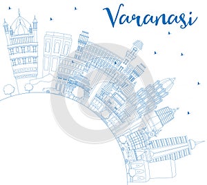 Outline Varanasi India City Skyline with Blue Buildings and Copy