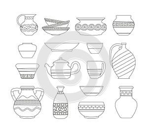 Outline vases. Abstract vintage linear pottery icons, minimal ancient decorative ceramic utensil pot jug vessel urn