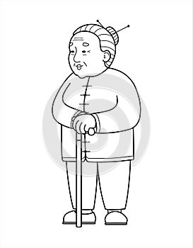 Outline vector Asian, Chinese, Korean, Mongolian, Vietnamese Old Woman With A Cane. Elderly Woman in trousers, Senile People