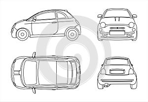 Outline vector car isolated on white background, side view; front view; back view; view from above