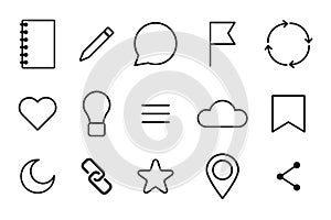 Outline vector icons. Basic minimal symbols. Simple black shapes. Web and UI elements.
