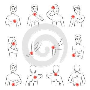 Outline vector illustration of man pain set. Line man feeling pain in different body parts.