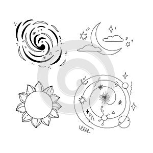 Outline vector illustrations - Universe signs. Linear planets with satellites, stars and other signs. Space and galaxy. Perfect