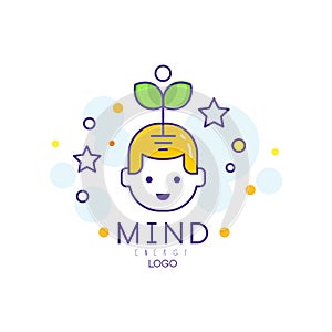 Outline vector logo design with sprout coming out of child head. Mind energy and growth concept. Children early